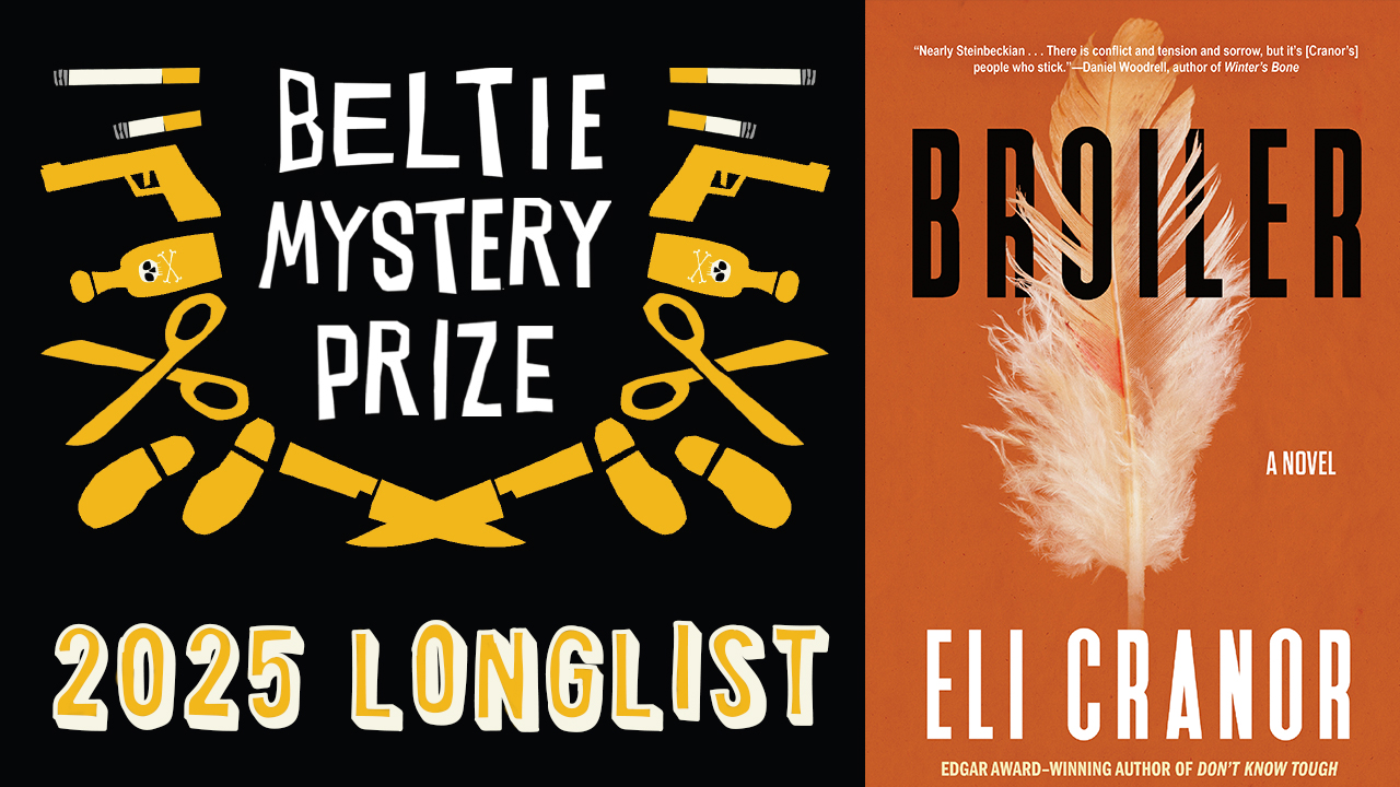 The image features two sections: a "Beltie Mystery Prize 2025 Longlist" graphic with crossed guns, keys, and magnifying glasses, and a book cover for "Broiler" by Eli Cranor, showing a feather on an orange background. Fearrington Village