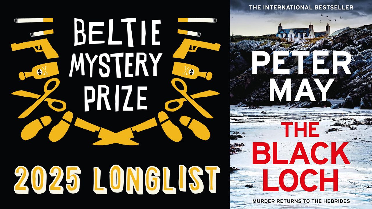 The image features a poster for the Beltie Mystery Prize 2025 Longlist with crossed pistols and magnifying glasses, alongside the book cover for "The Black Loch" by Peter May, depicting a rocky shoreline and coastal buildings. Fearrington Village