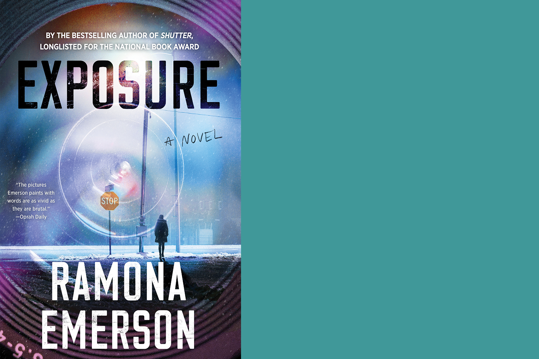 A book cover titled "Exposure" by Ramona Emerson features a snowy street scene with a lone figure standing under a streetlight. The sky is dark with falling snow. The tagline reads, "A novel. Fearrington Village