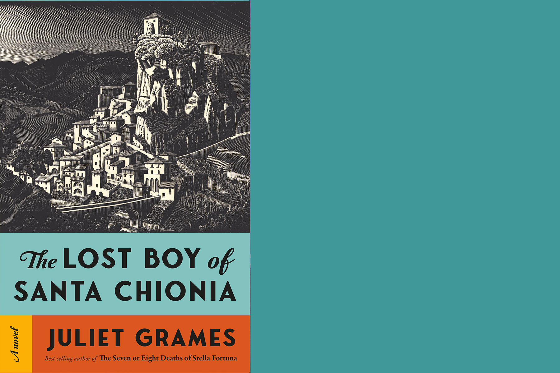 Cover of "The Lost Boy of Santa Chionia" by Juliet Grames. Features a black-and-white illustration of a hillside village with a prominent church, beneath a mountain. The title and author's name are displayed in bold, contrasting colors. Fearrington Village