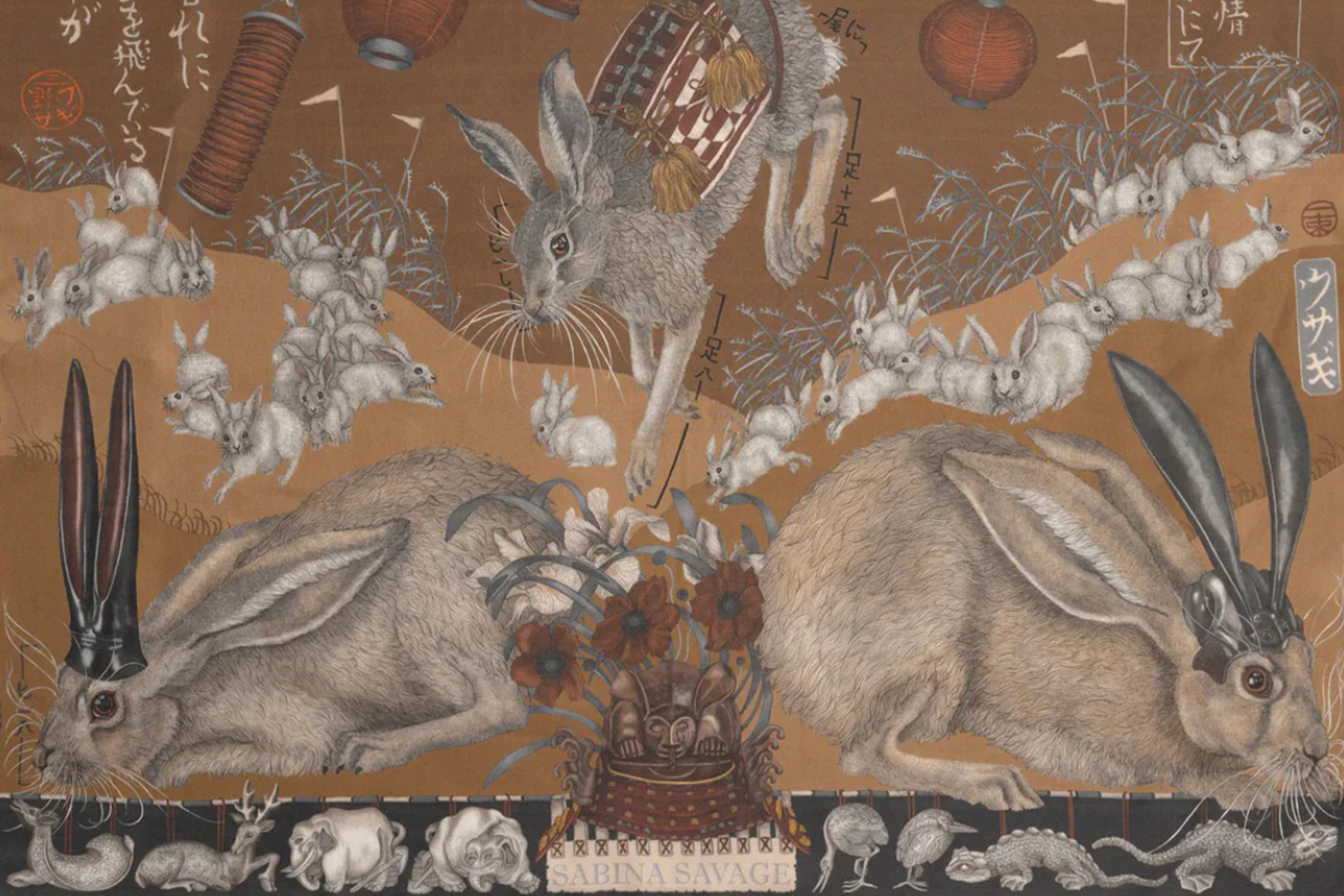 Illustration of rabbits in a fantasy scene, featuring two large rabbits with hats, jumping hares, smaller rabbits, and lanterns. The background is decorated with plants and Japanese characters, along with a central basket of flowers. Fearrington Village