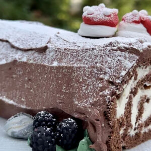 A Yule log cake with chocolate frosting, cream spirals, and powdered sugar. It is decorated with two small mushroom-shaped meringues on top and a few blackberries and green leaves at the base. Fearrington Village