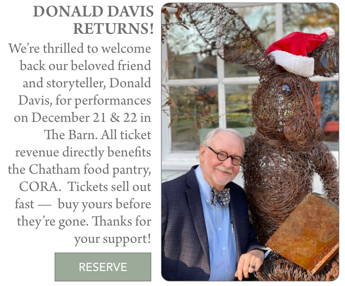 An event announcement featuring a smiling man in a suit and bow tie next to a large wicker rabbit sculpture wearing a Santa hat. The text on the side promotes storytelling performances by Donald Davis and includes ticket information. Fearrington Village