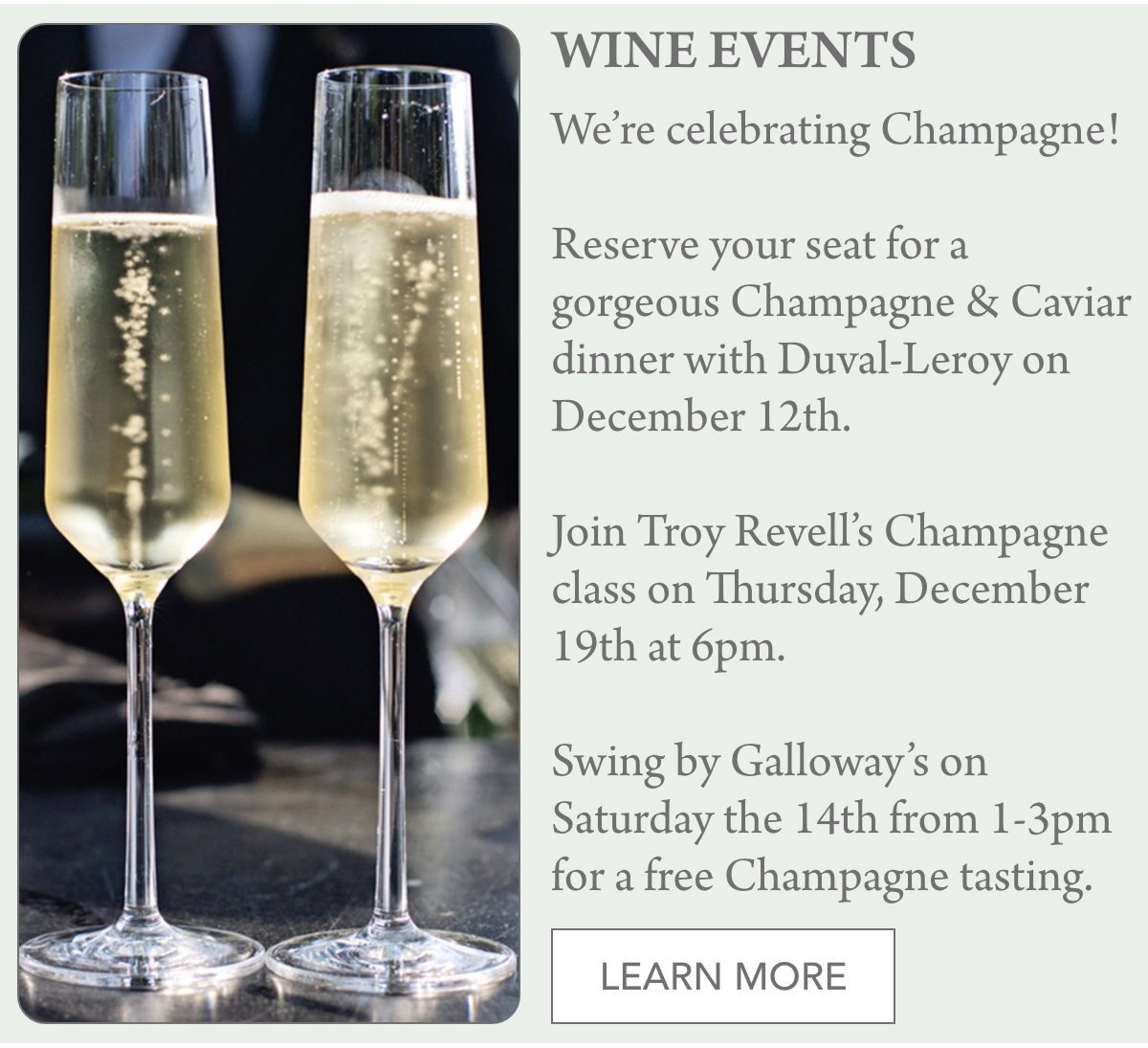 Two champagne flutes filled with bubbling champagne. The text highlights upcoming wine events, including a champagne and caviar dinner, a champagne class, and a free tasting. A "Learn More" button is visible at the bottom. Fearrington Village