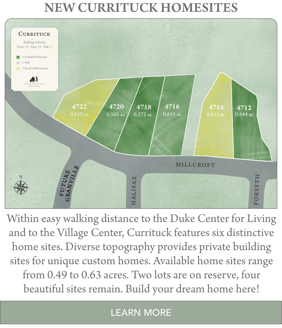 Map showing six available homesites in Currituck, each labeled with lot numbers and acre sizes. Includes a note on proximity to Duke Center for Living and the Village Center. Text mentions four remaining lots and encourages inquiries for building a home. Fearrington Village