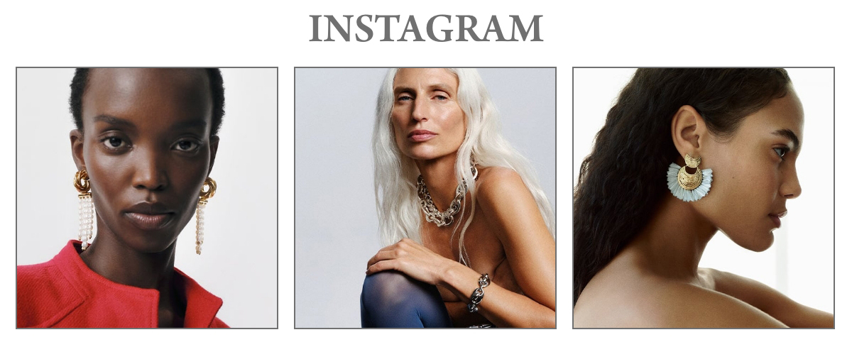 Three portraits of women showcasing jewelry. The first woman wears ornate earrings and a red top, the second woman has long hair and layered necklaces, and the third woman features large, decorative earrings with a neutral background. Fearrington Village