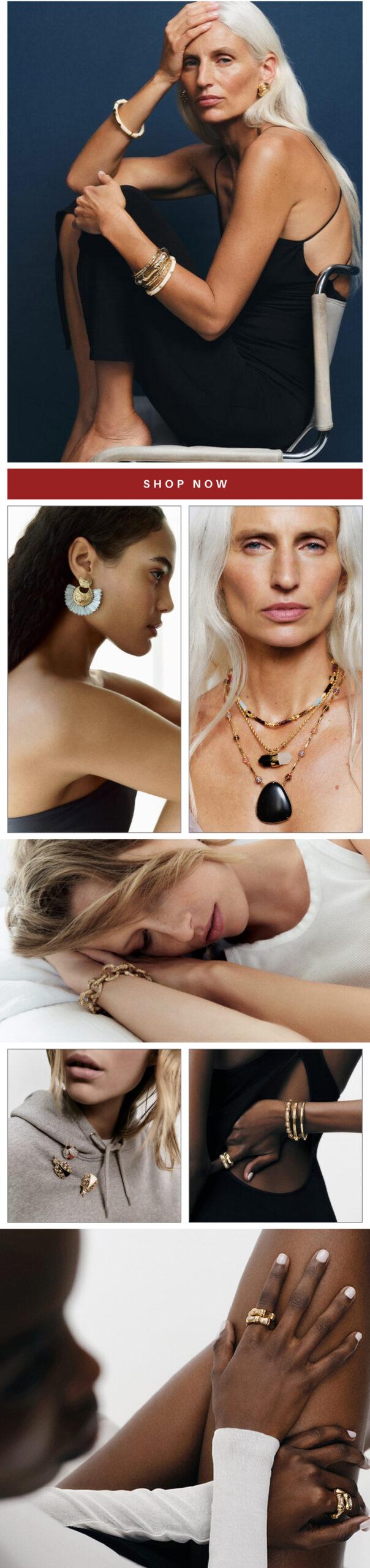 Collage of fashion models showcasing jewelry. Includes necklaces, earrings, and bracelets on different models posing elegantly. The images highlight the intricate design and style of each accessory. Fearrington Village