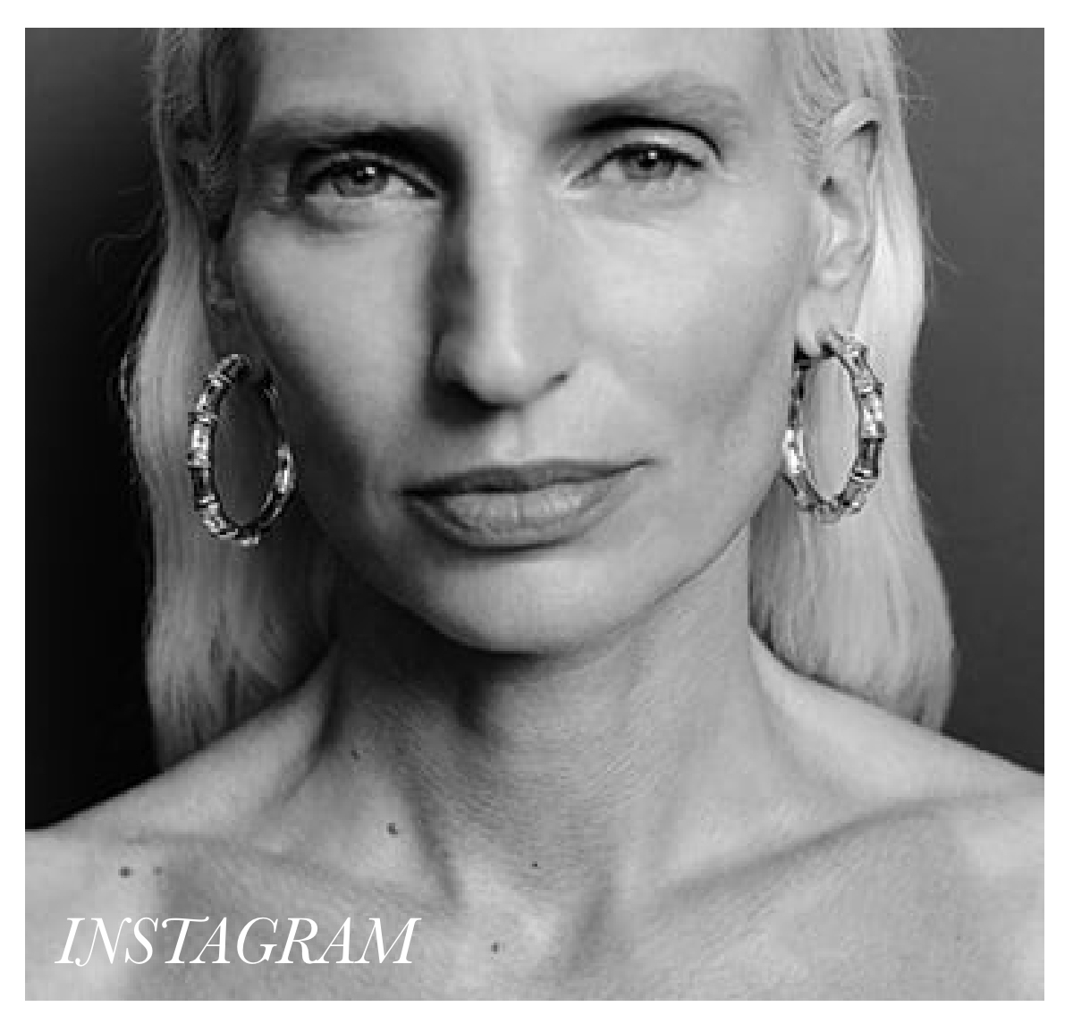 Black and white portrait of a person with long, light-colored hair and large hoop earrings, looking directly at the camera. The image has a white border with "INSTAGRAM" in the corner. Fearrington Village