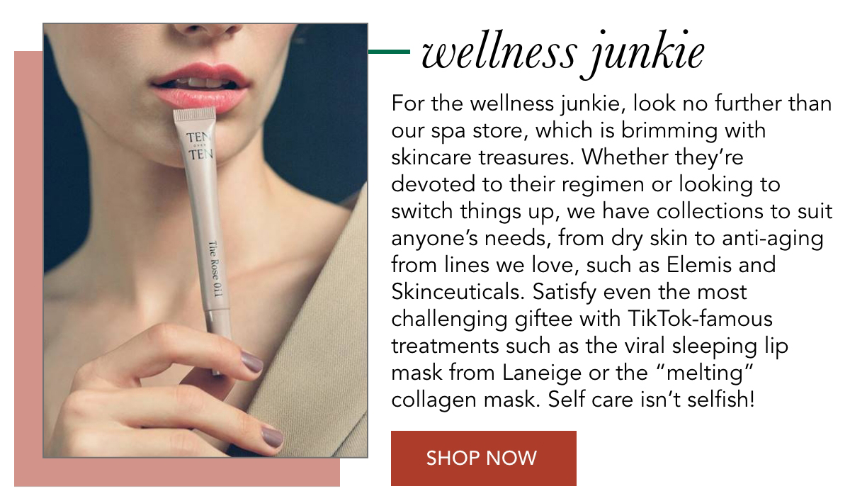 A person holds a tube of lip mask next to their face. The text describes skincare products for wellness enthusiasts, mentioning brands like Elemis and Skinceuticals, and popular treatments like Laneige's viral sleeping lip mask. A "Shop Now" button is below. Fearrington Village