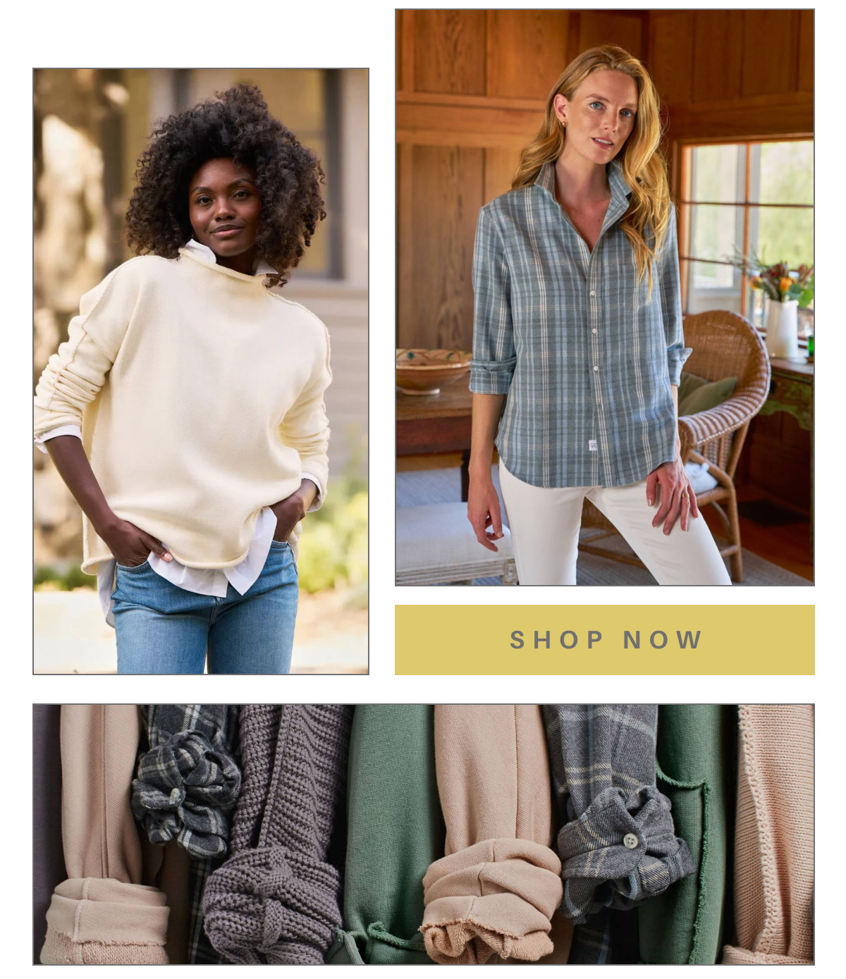 A collage featuring two women modeling clothes: one in a cream sweater and jeans, the other in a blue plaid shirt and white pants. Below are neatly rolled fabric swatches in various colors. A "Shop Now" button is displayed. Fearrington Village