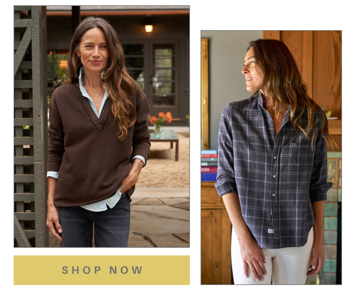 Two images of a woman in casual attire: On the left, she wears a brown pullover over a blue shirt. On the right, she is in a blue plaid shirt looking sideways. Both images are part of a "Shop Now" promotion. Fearrington Village