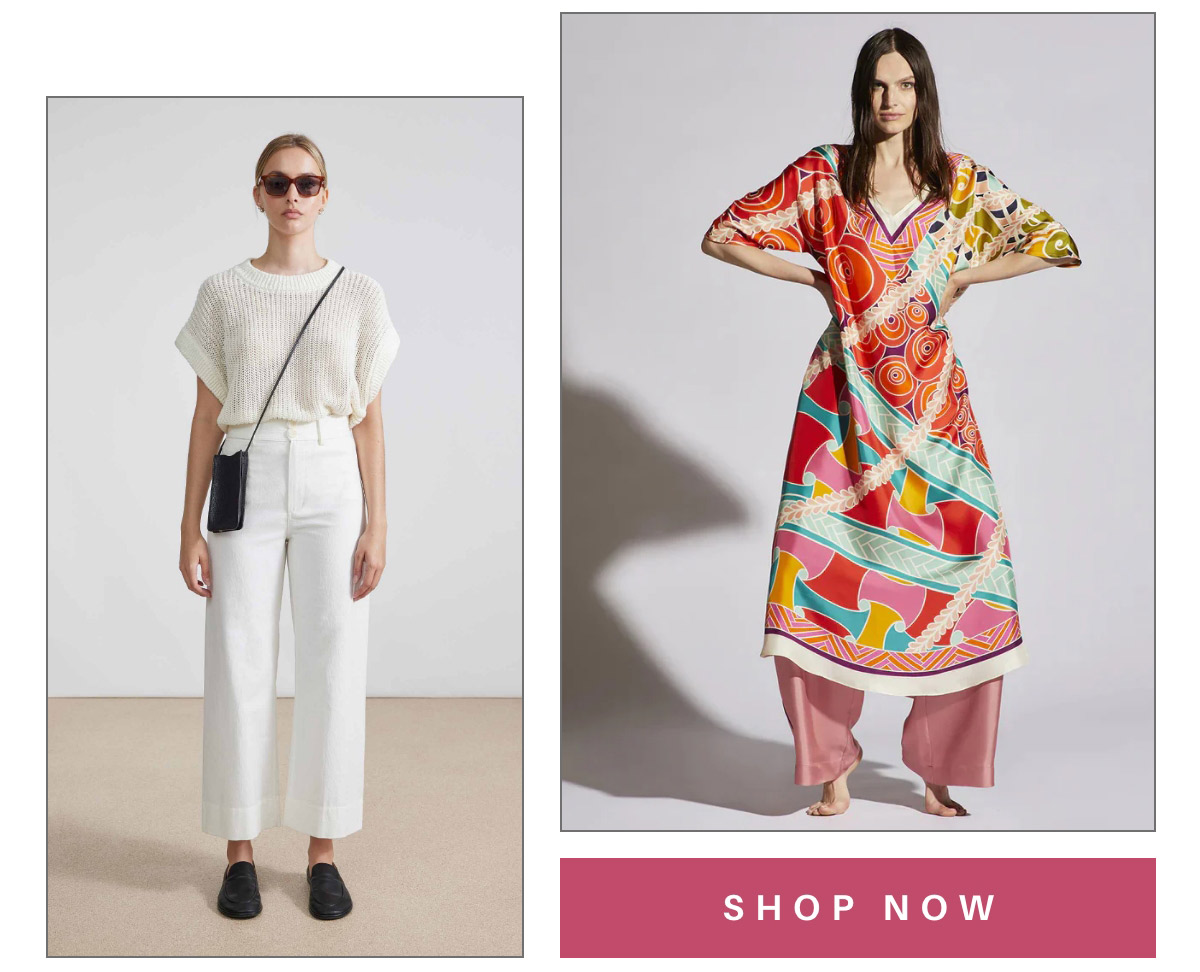 Left: Person wearing sunglasses, a white top, white pants, black shoes, with a black crossbody bag. Right: Person in a colorful patterned dress over pink pants, standing with hands on hips. Below is a pink "Shop Now" button. Fearrington Village