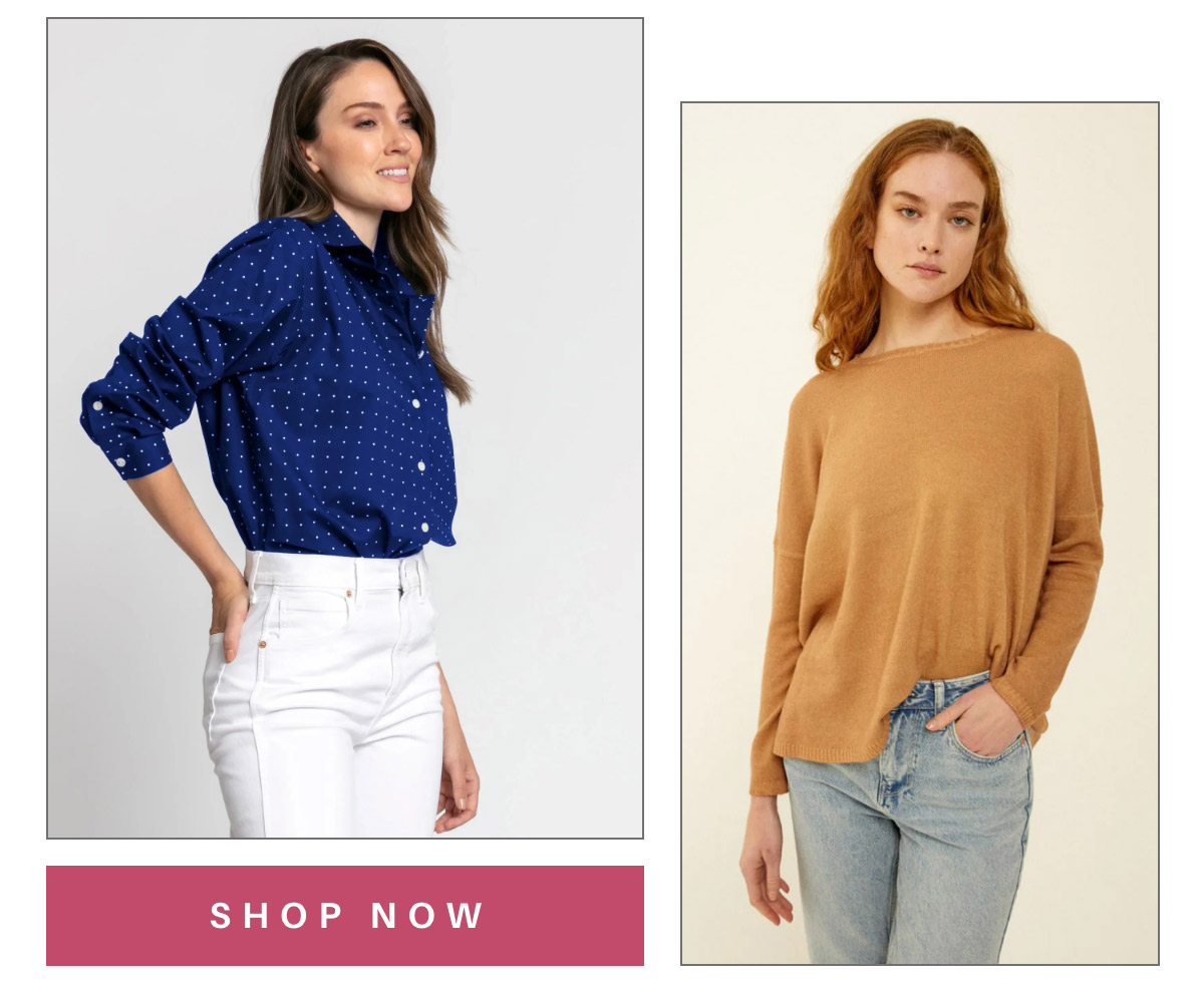 Two women modeling outfits. Left: woman in a blue polka dot shirt and white pants, smiling with her hand in a pocket. Right: woman in a light brown sweater and jeans, with one hand in a pocket. "Shop Now" button below. Fearrington Village