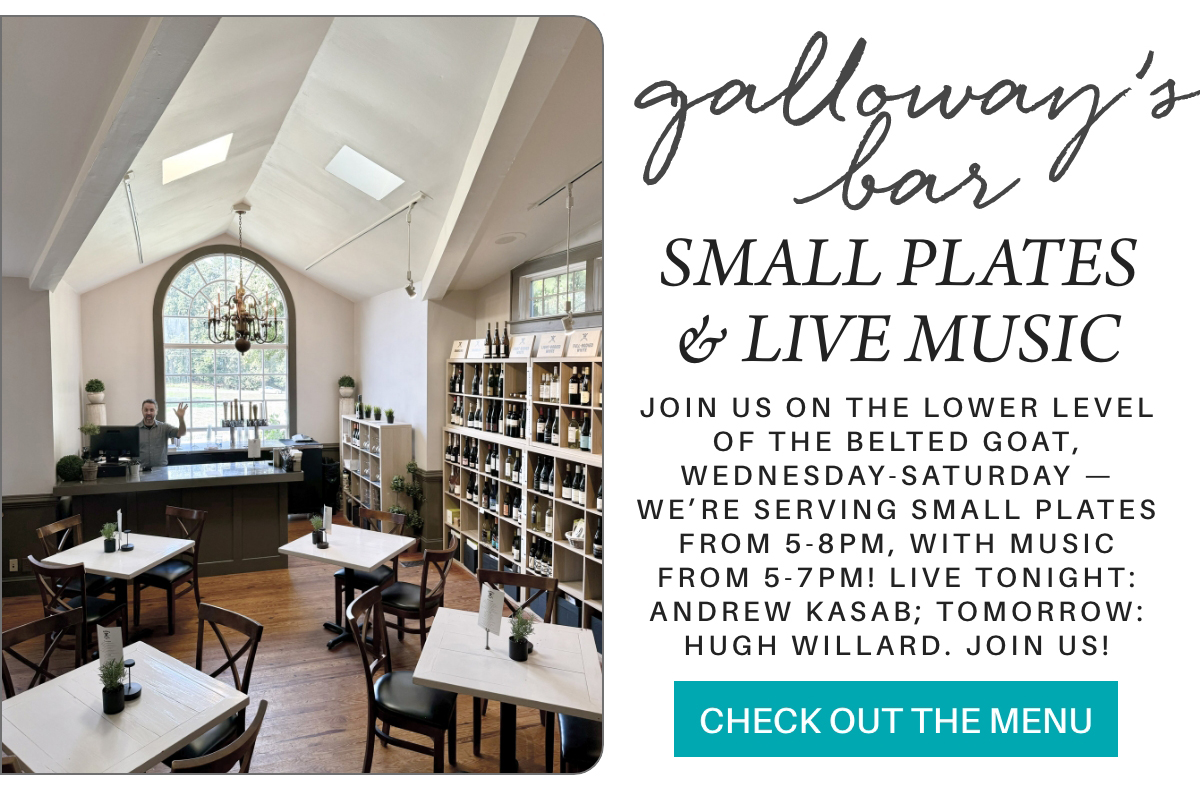 Interior of Galloway’s Bar with tables and chairs arranged around a large window. The decor is bright, featuring shelves with wine bottles. Text promotes small plates and live music from 5-8 PM, highlighting performers Andrew Kasab and Hugh Willard. Fearrington Village