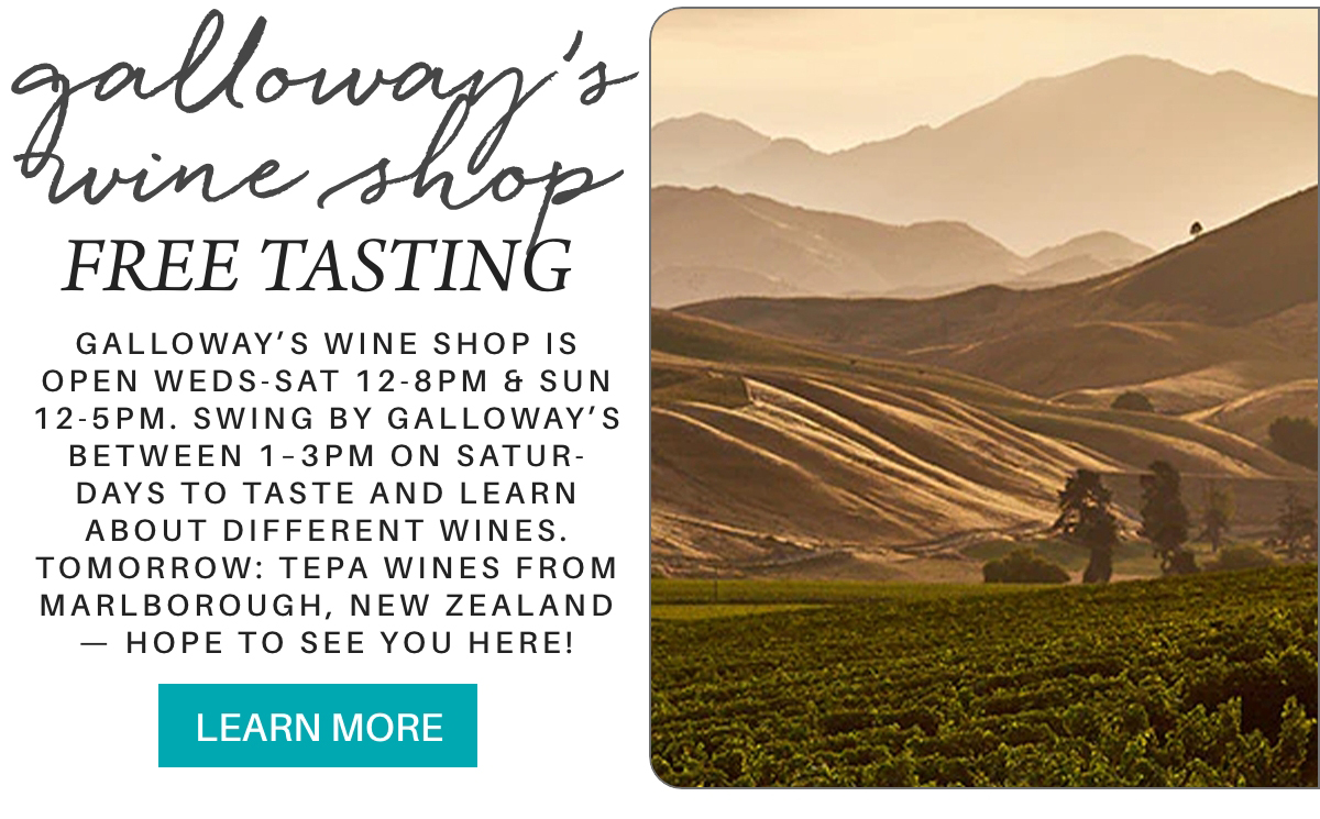 An ad for Galloway's Wine Shop featuring a vineyard. Text highlights free wine tasting on weekends and features Tepa Wines from Marlborough, New Zealand. A "Learn More" button is displayed. Fearrington Village