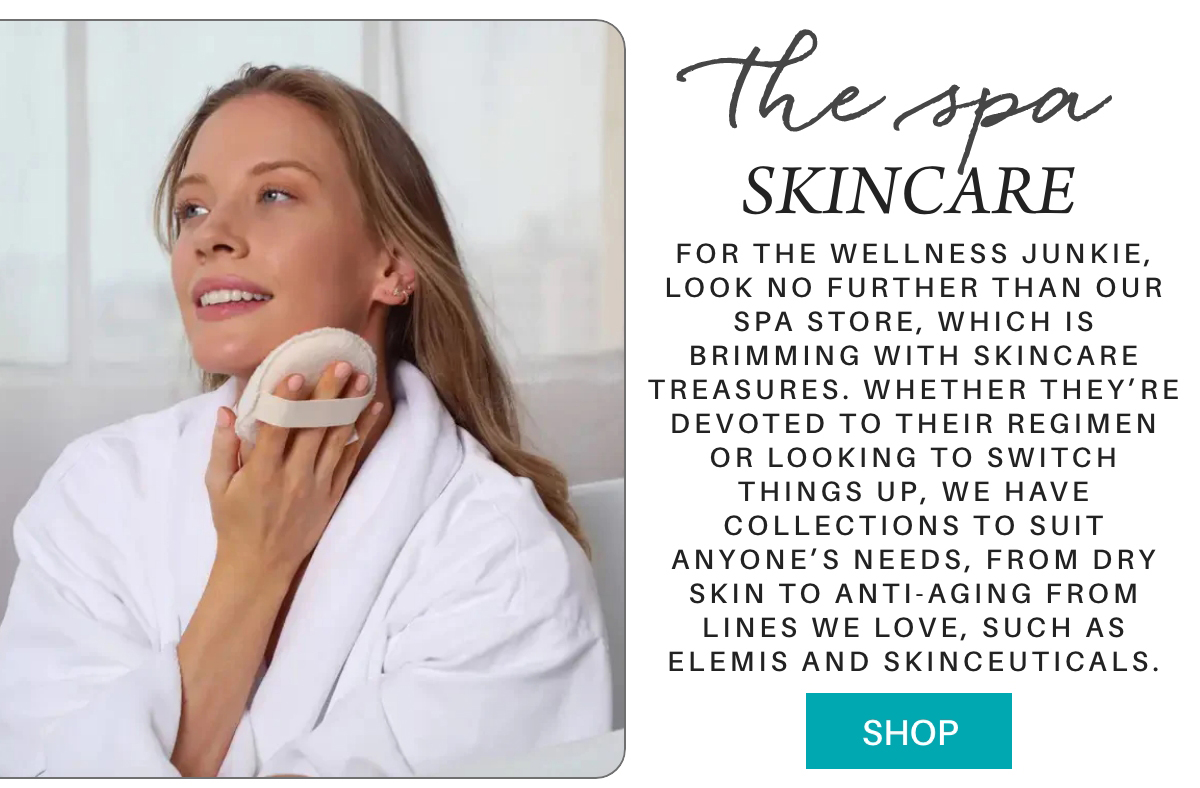 A woman in a white robe smiles while applying skincare with a brush. The text promotes spa skincare products suited for various needs, including dry skin and anti-aging, featuring brands like Elemis and Skinceuticals. A "Shop" button is visible. Fearrington Village