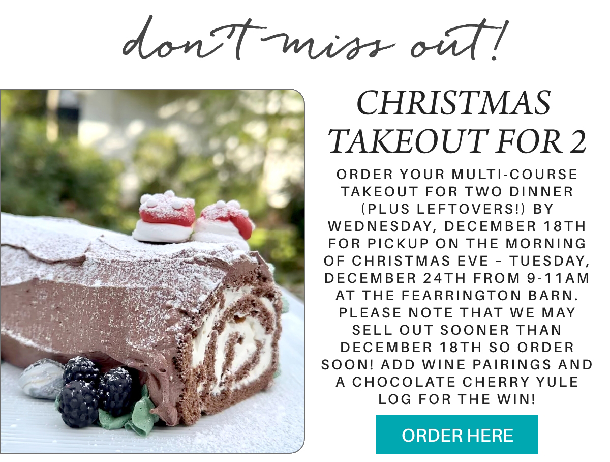 A festive flyer featuring a chocolate yule log cake with berries. Text promotes Christmas takeout for two, with ordering details and pickup instructions at the Fearrington Barn. Includes a call-to-action button to order. Fearrington Village