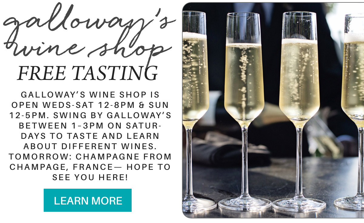 An invitation to Galloway's Wine Shop featuring free champagne tastings. The shop is open Wednesday to Saturday from 12-8 PM and Sunday from 12-5 PM. The image shows four filled champagne flutes on a counter. Fearrington Village