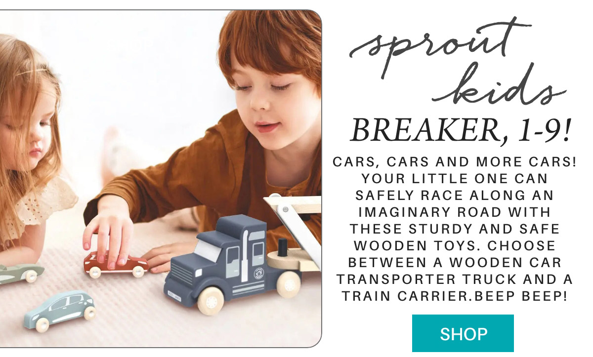 Children playing with wooden toy cars and a transporter truck. Text advertises “Sprout Kids Breaker, 1-9!” promoting safe and sturdy toys for imaginative play. A "Shop" button is at the bottom. Fearrington Village