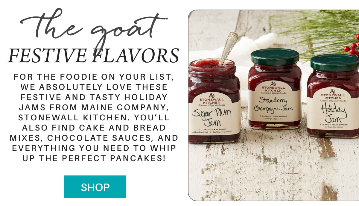 Festive advertisement featuring three jars of Stonewall Kitchen holiday jams: Sugar Plum Jam, Strawberry Champagne Jam, and Holiday Jam. Text promotes gifting for foodies and suggests various gourmet products available. Button reads "SHOP. Fearrington Village