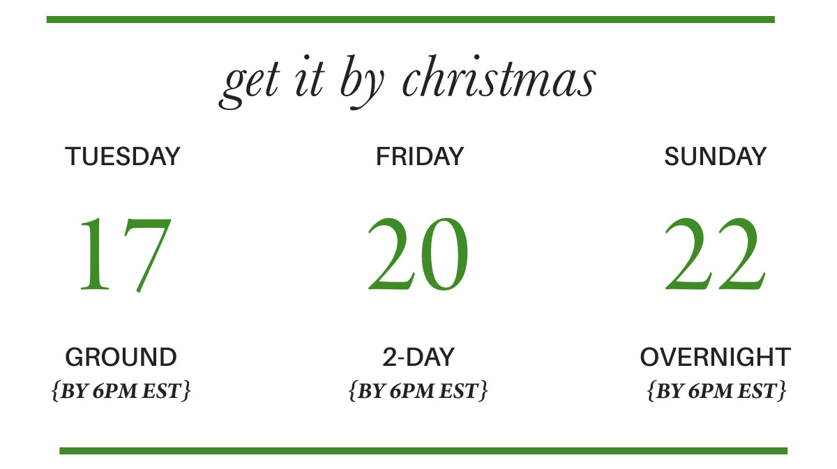 A shipping deadline chart for Christmas delivery shows: Ground shipping by Tuesday, the 17th, 6 PM EST; 2-Day shipping by Friday, the 20th, 6 PM EST; and Overnight shipping by Sunday, the 22nd, 6 PM EST. Fearrington Village