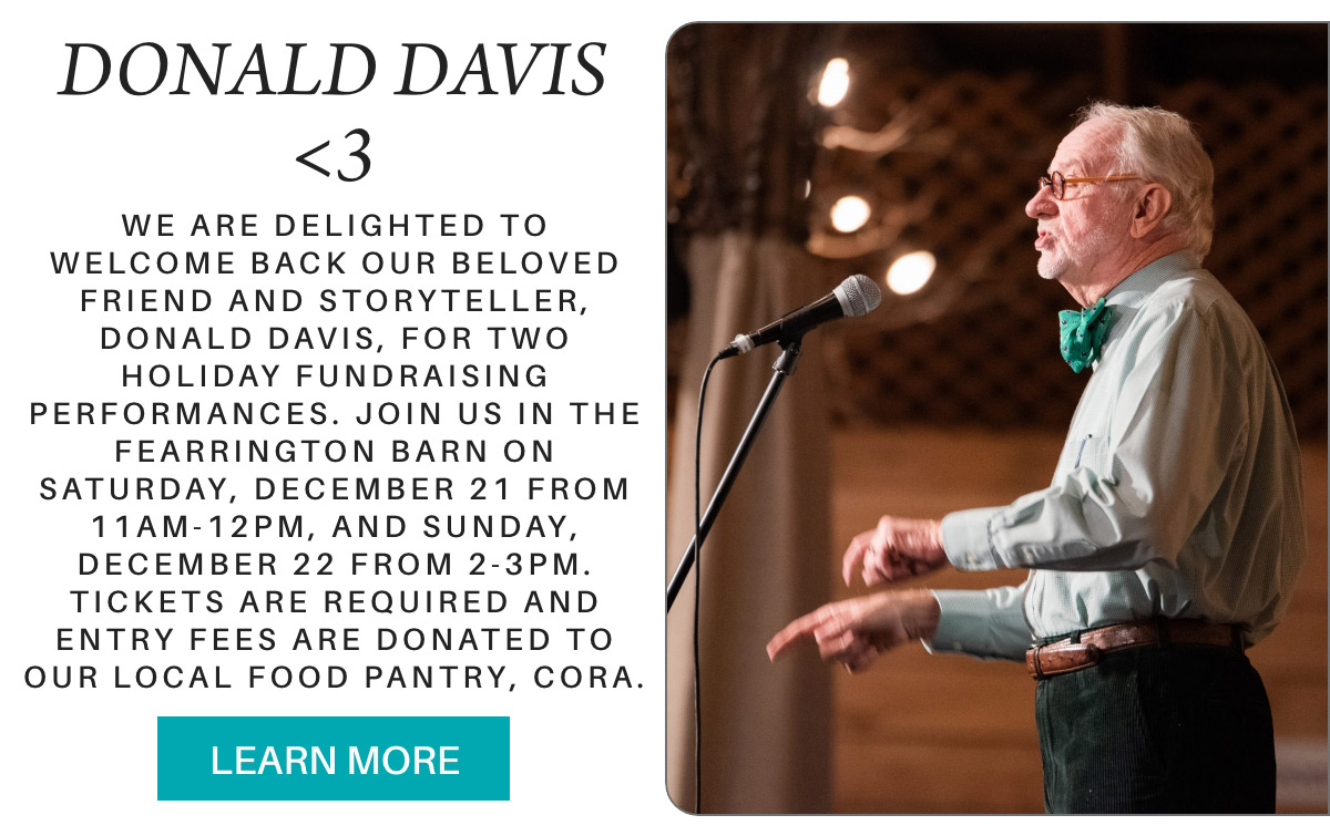 An elderly man speaks into a microphone on stage. Text beside him announces "Donald Davis" with event details for holiday fundraising performances on December 21 and 22. Entry fees are donated to a local food pantry. Fearrington Village