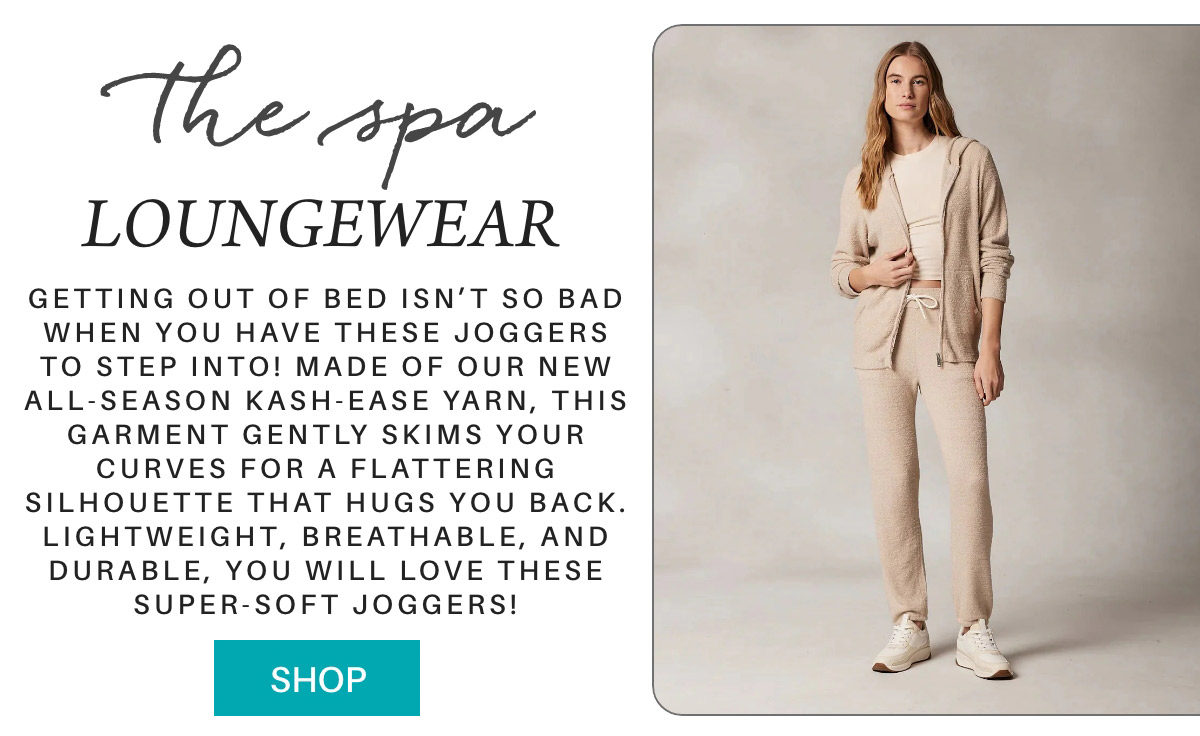 A woman wearing beige loungewear stands against a neutral background. Text describes the clothing as super-soft joggers made from Kash-Ease yarn, highlighting its lightweight, breathable, and durable qualities. A "Shop" button is visible. Fearrington Village