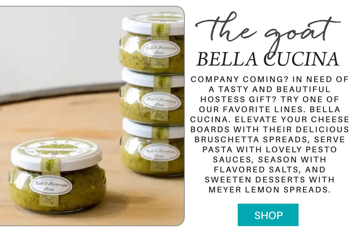 A stack of Bella Cucina pesto jars with the text promoting their uses, such as enhancing cheese boards, pasta, and desserts. A "SHOP" button is at the bottom. Fearrington Village