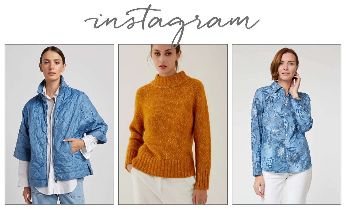 A fashion collage featuring three models. The first wears a blue quilted jacket over a white shirt, the second a mustard yellow sweater, and the third a blue patterned blouse with a white undershirt. The word "Instagram" is written above them. Fearrington Village