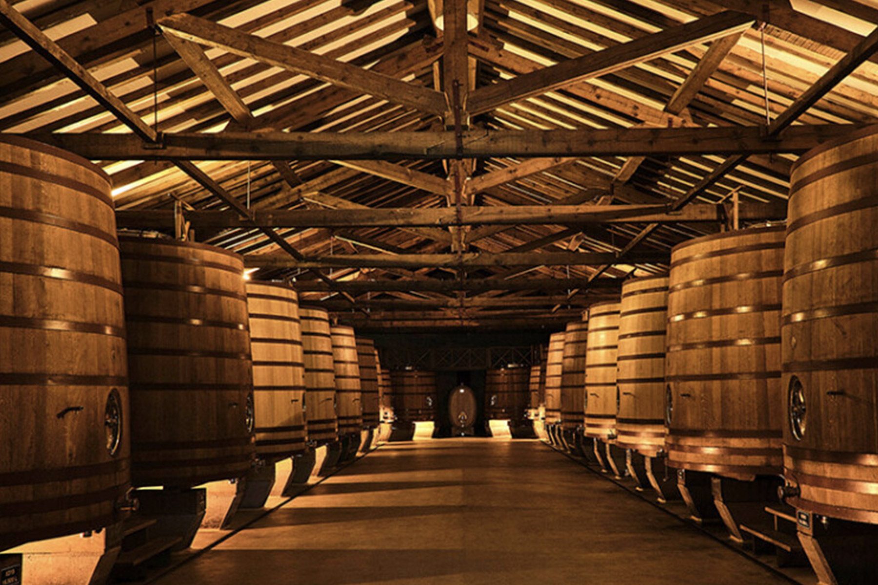 A dimly lit wine cellar with large wooden barrels lining both sides of a wide aisle. The ceiling is supported by wooden beams, and the atmosphere is warm and rustic. The barrels are evenly spaced and create a symmetrical visual effect. Fearrington Village