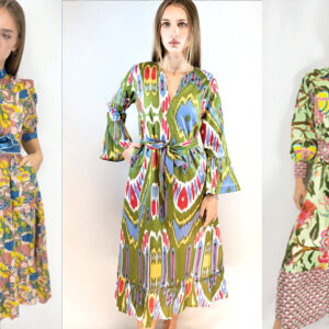 Three images of a woman wearing different colorful printed dresses. Each dress is knee-length with long sleeves and a belt, showcasing floral, abstract, and geometric patterns in vibrant colors. The woman poses against a plain white background. Fearrington Village