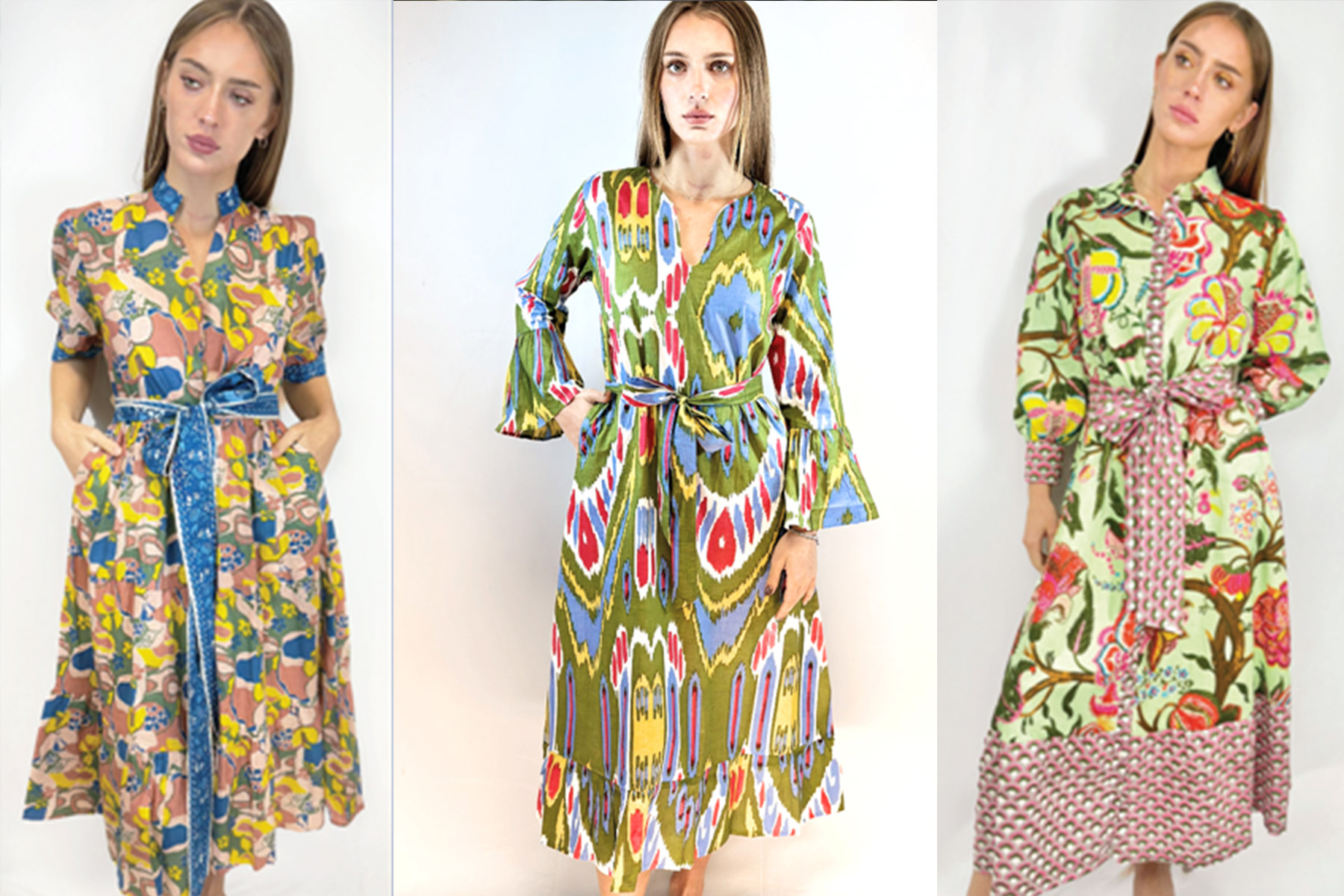 Three images of a woman wearing different colorful printed dresses. Each dress is knee-length with long sleeves and a belt, showcasing floral, abstract, and geometric patterns in vibrant colors. The woman poses against a plain white background. Fearrington Village