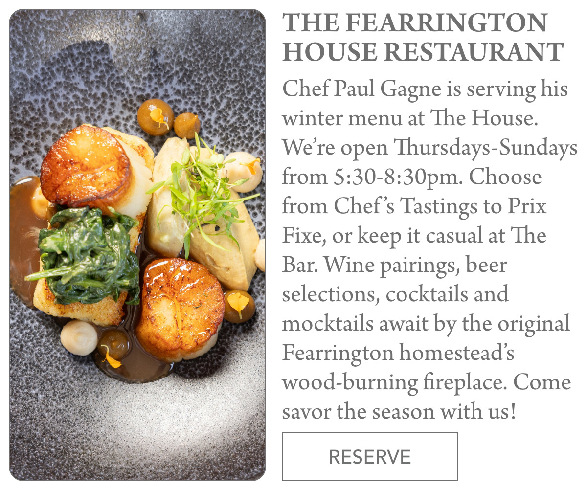 An advertisement for The Fearrington House Restaurant featuring Chef Paul Gagne's winter menu with scallops, greens, and sauce. Opens Thursday-Sunday, 5:30-8:30pm. Offers Chef’s Tastings, Prix Fixe, wine, and cocktails. Includes a "Reserve" button. Fearrington Village