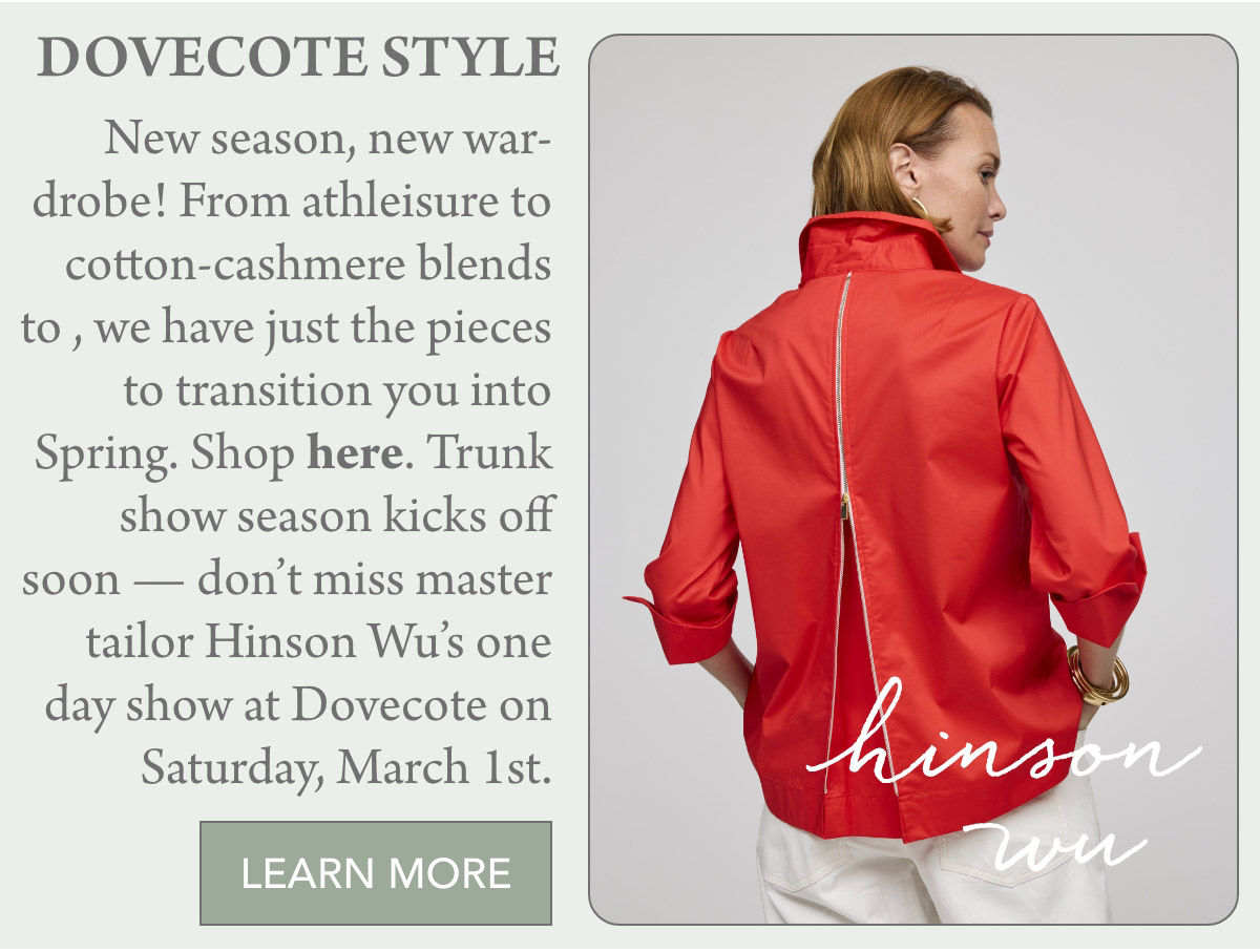 A person wearing a bright red long-sleeve shirt shown from the back. The shirt features a visible zipper running down the spine. Text on the image promotes a fashion event for a new season wardrobe. Fearrington Village