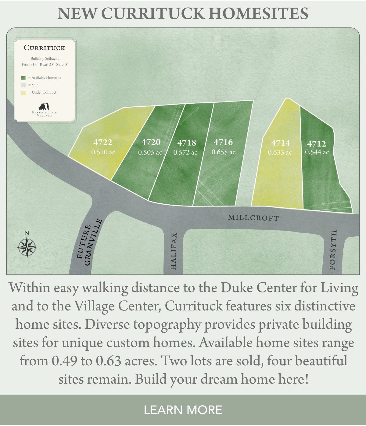 Map showing New Currituck Homesites for sale, with six lots labeled 4720 to 4740. Sizes range from 0.49 to 0.63 acres. Nearby roads include Future Granville, Halifax, Millcroft, Forsyth. Text promotes easy access to local amenities. Fearrington Village