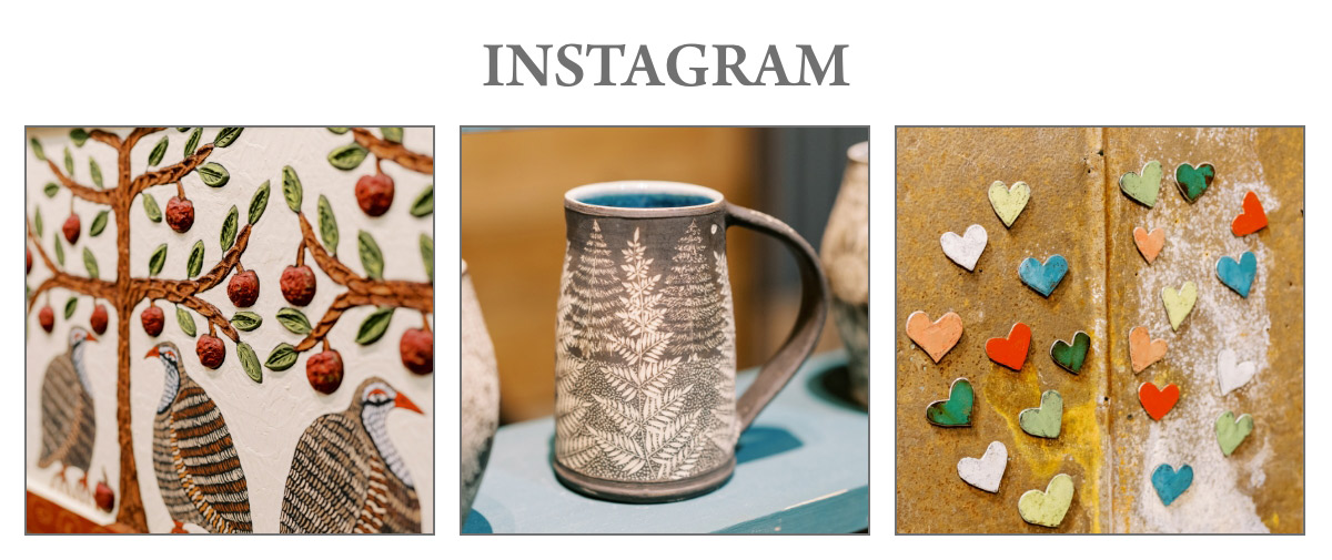 A collage of three images: a textured artwork with birds and trees, a ceramic mug with fern patterns, and assorted colorful heart-shaped objects on a textured surface. Text above reads "INSTAGRAM. Fearrington Village