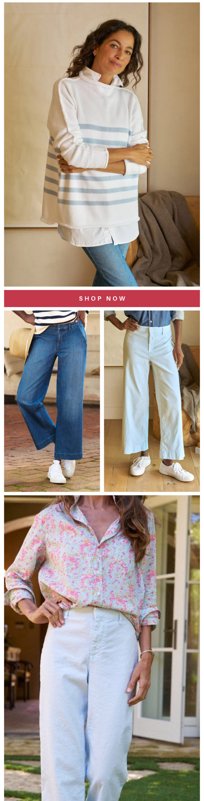 Collage of a woman in a white sweater, three images of women in different styles of jeans with sneakers, and a woman in a floral blouse and jeans. A "Shop Now" banner is centered in the middle. Fearrington Village