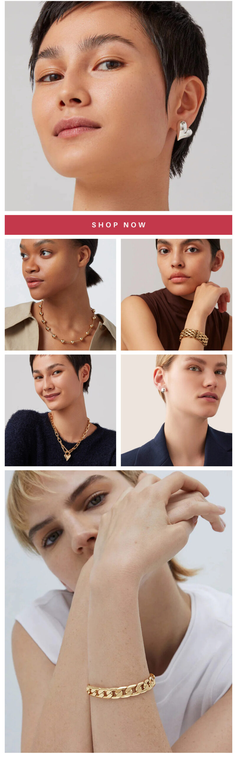 A collage of five models showcasing jewelry, including earrings, necklaces, and bracelets. Each model features a different style and pose. A "Shop Now" button is centered in the middle of the collage. Fearrington Village
