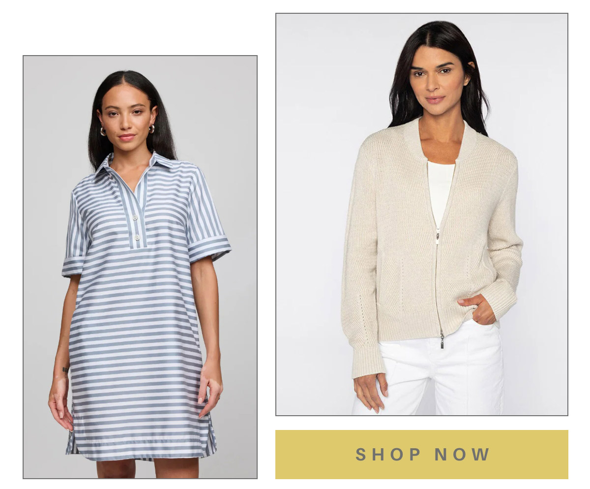 Two women modeling outfits: Left, a woman in a blue and white striped dress with short sleeves. Right, a woman in a light beige zip-up sweater over a white top and pants. A "SHOP NOW" button is at the bottom. Fearrington Village