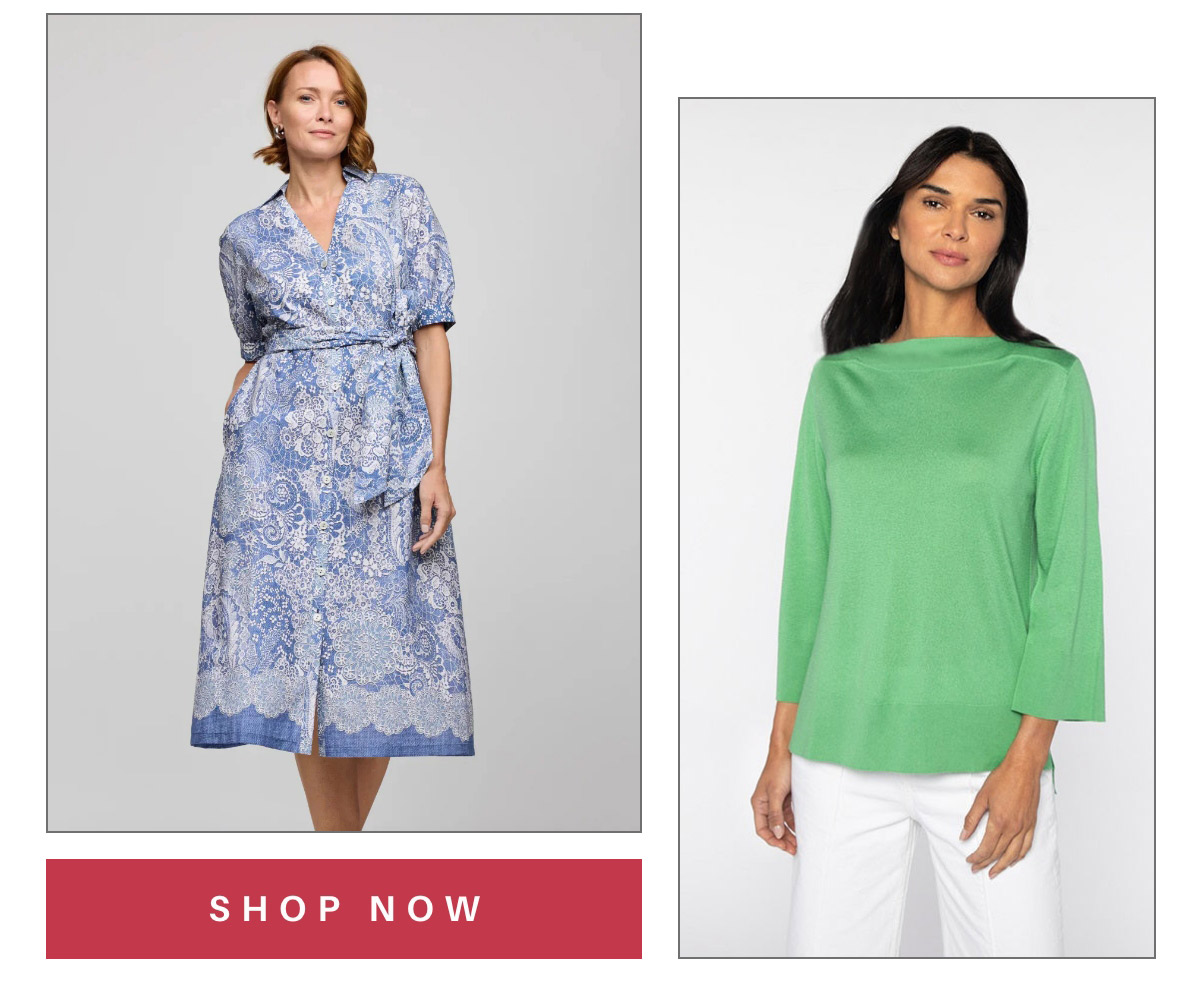 Left: Woman in a blue patterned wrap dress. Right: Woman in a green long-sleeve top and white pants. Both pose against a plain background. A red "Shop Now" button is below the images. Fearrington Village