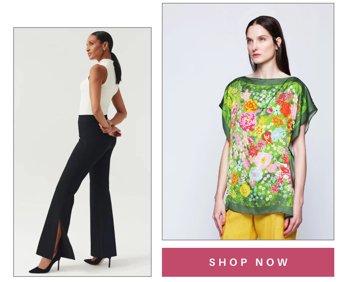 Split image with two women modeling outfits. Left: Woman in a sleeveless white top and black flared pants, standing sideways. Right: Woman in a green floral top and yellow pants, facing forward. "Shop Now" button at the bottom. Fearrington Village