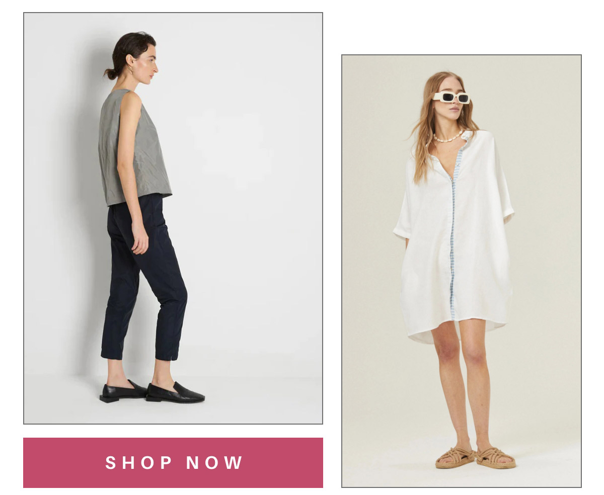 A person in a sleeveless gray top and black pants stands side profile; another person wears a loose white dress and sunglasses. Both are in a minimal studio setting. A "SHOP NOW" button is at the bottom left. Fearrington Village