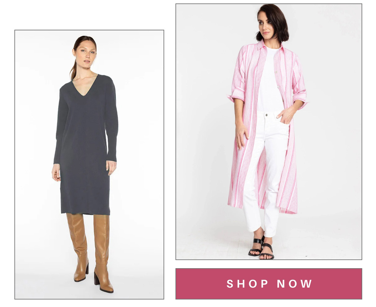 Two women modeling outfits. Left: Woman in a long-sleeve black dress with tan knee-high boots. Right: Woman in a pink and white striped long tunic over a white top and pants, wearing black sandals. A "Shop Now" button is below. Fearrington Village