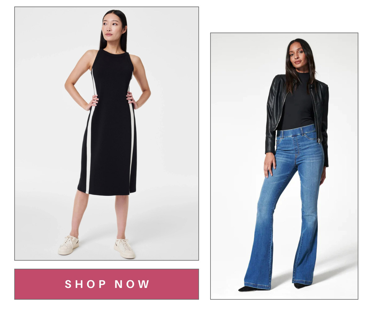 On the left, a person wears a sleeveless black dress with white side panels and sneakers. On the right, a person is in a black top, leather jacket, and flared blue jeans. Both pose against a white background. "Shop Now" button below. Fearrington Village