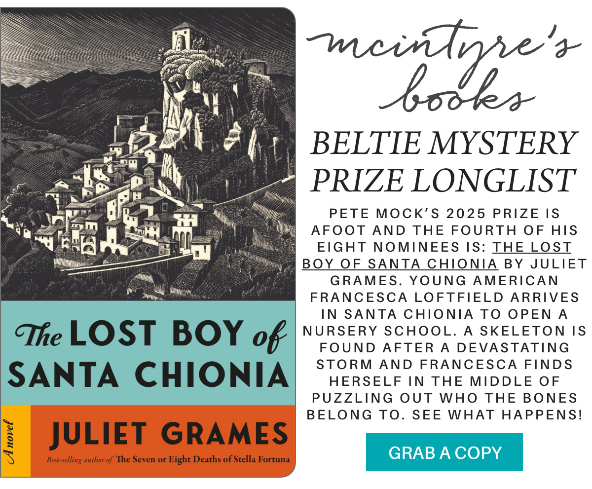 A book cover for "The Lost Boy of Santa Chionia" by Juliet Grames. Image shows a village on a cliff. Text to the right describes a mystery prize, mentioning a nursery school and a skeleton. A "Grab a Copy" button is at the bottom. Fearrington Village