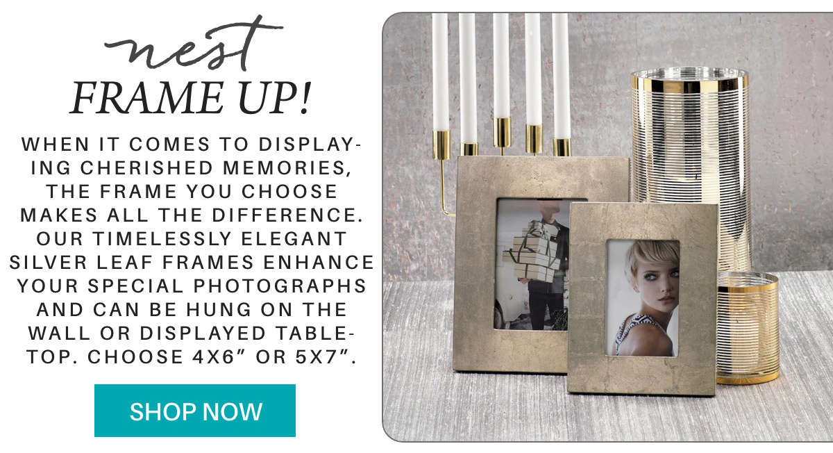 Advertisement featuring two silver leaf frames with photographs, set on a tabletop next to decorative items. Text highlights the frames' elegance and suggests sizes 4x6" or 5x7". A "Shop Now" button is included. Fearrington Village