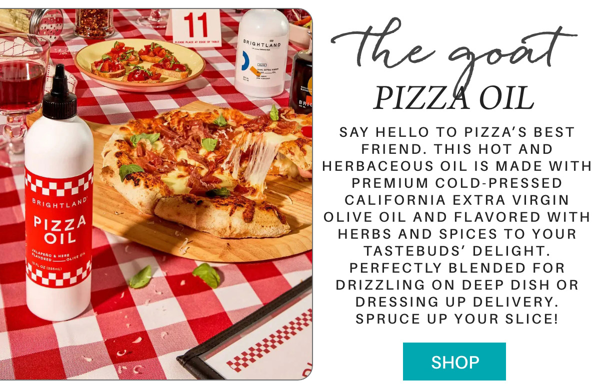 A bottle of Brightland pizza oil sits on a checkered table next to a pizza slice, salad, and a soda cup. The text highlights the oil's features and invites a purchase. Fearrington Village