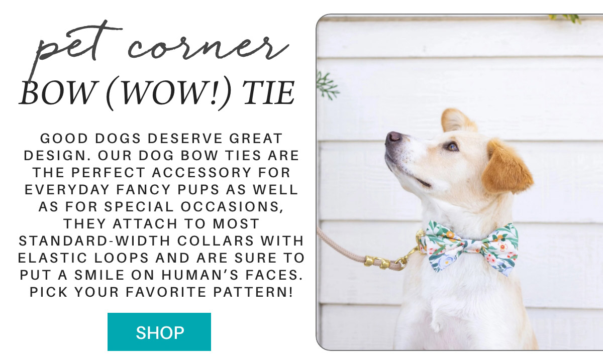 A dog wearing a floral bow tie sits in front of a white wall. The image includes text promoting "Bow (Wow!) Tie," describing it as a perfect accessory for dogs. A "Shop" button is also visible. Fearrington Village