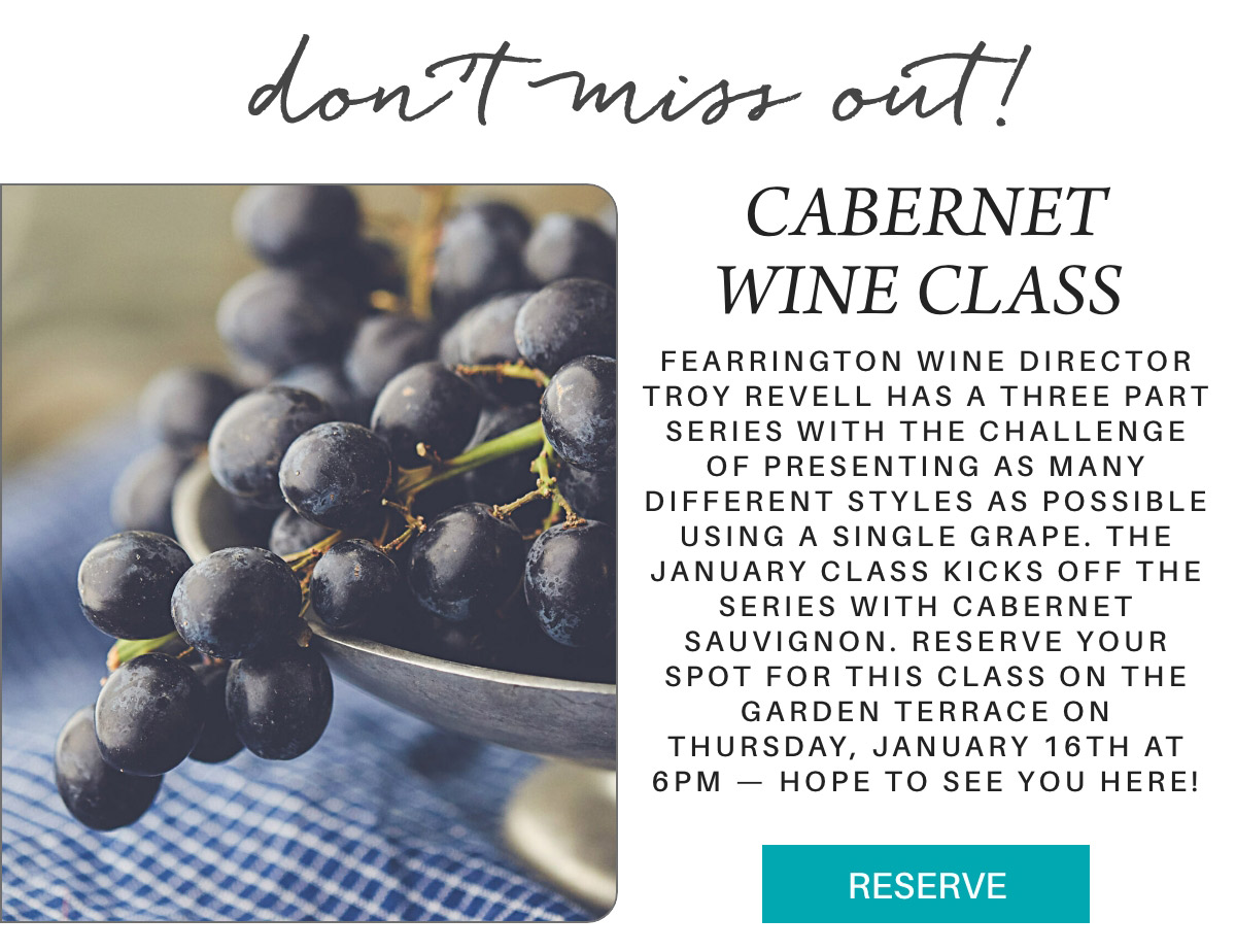 A promotional flyer for a Cabernet Wine Class. It features a bunch of dark grapes on the left. The text details a wine class series starting with Cabernet Sauvignon on January 16th at 6PM. The "Reserve" button is at the bottom. Fearrington Village