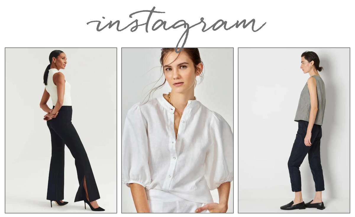 Three fashion images under the word "Instagram": a woman in a white top and black flared pants, another in a white blouse, and the last in a gray top with black pants and flats. Fearrington Village